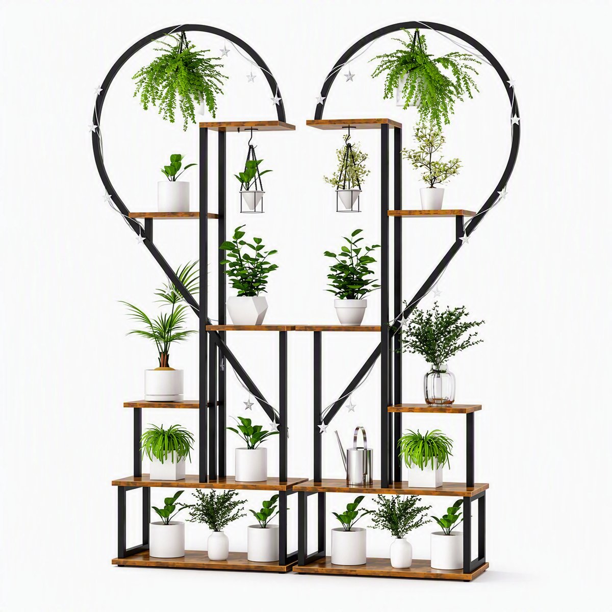Nutrella half hartje plantenstandaard - Plantenrek - Voor binnen - 6 Niveau's - Tot 20 potten - 112x28x165 cm - Zwart en bruin