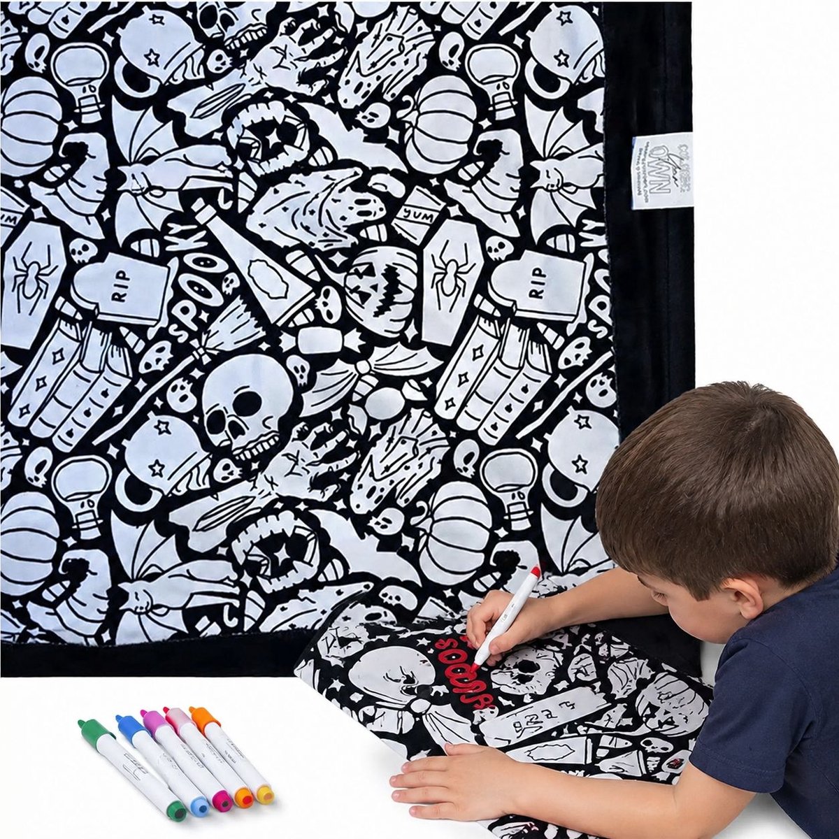 DIY Kleurdeken voor Volwassenen met 24 Stiften – Wasbaar Fluweel Zacht – Creatief Cadeau voor Thuisdecoratie – Geschikt voor Kinderen en Groepen(Halloween I)