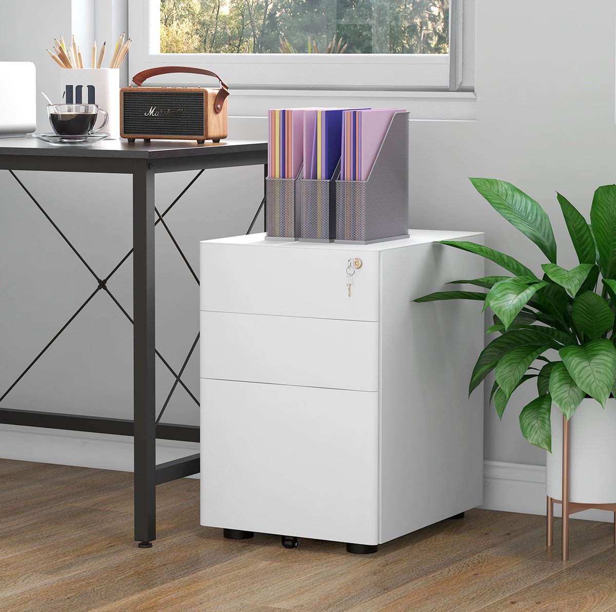 COVREO Rollcontainer 39 x 48 x 59 cm wit staal, 3 lades, met wielen