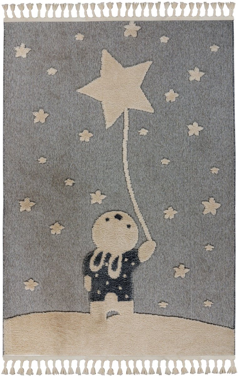 Padiro kindervloerkleed 120 x 170 cm - grijs - speels kindermotief - met konijn- en sterrenmotief - van polypropyleen frisee