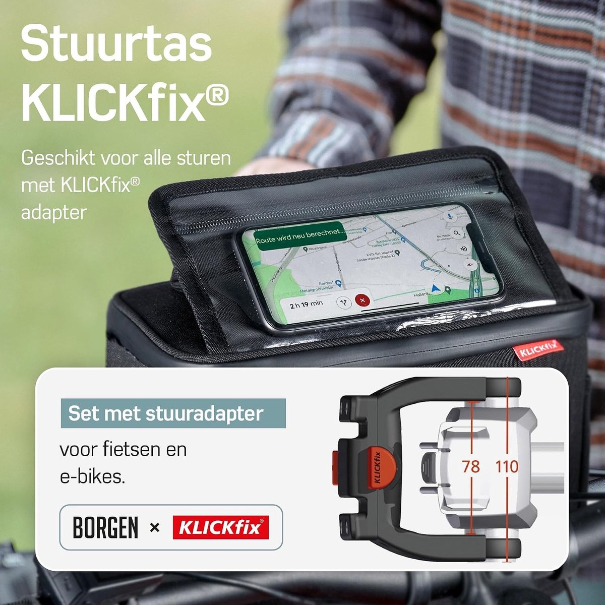 Stuurtas voor fiets - Met adapter - 6 L - Waterafstotende ruime fietstas met smartphonehouder - Voor e-bike en stadsfiets