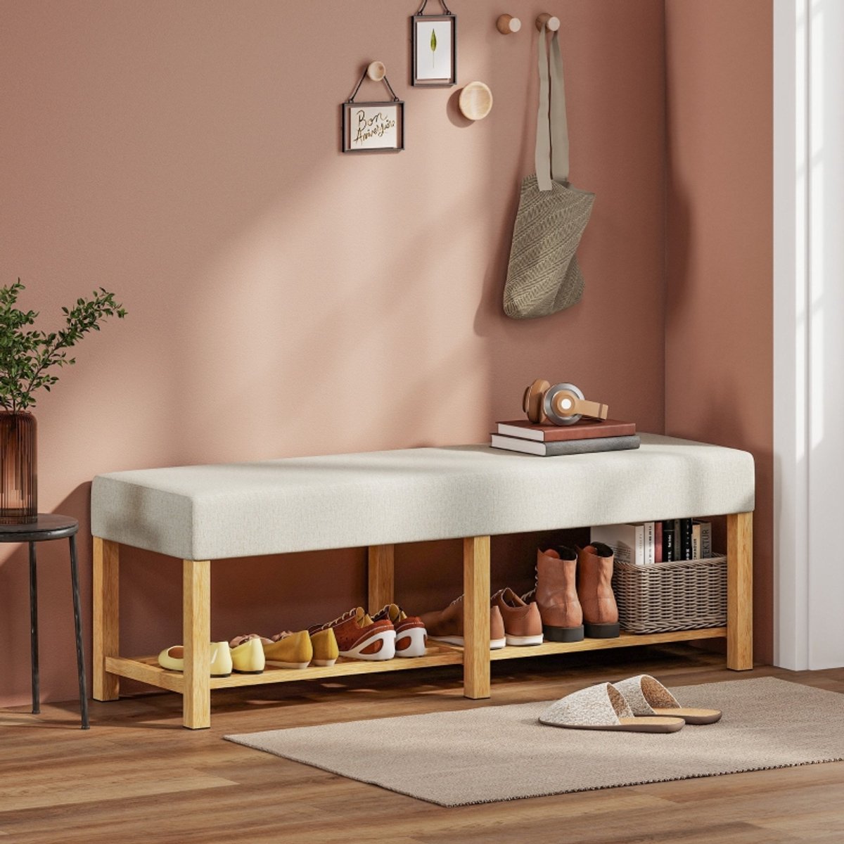 MIVRAY Schoenbank – 140 x 44 x 48 cm – Met Opbergruimte En 2 Zitplaatsen – Hout En Stoffen Zitting – Crèmewit En Naturhout