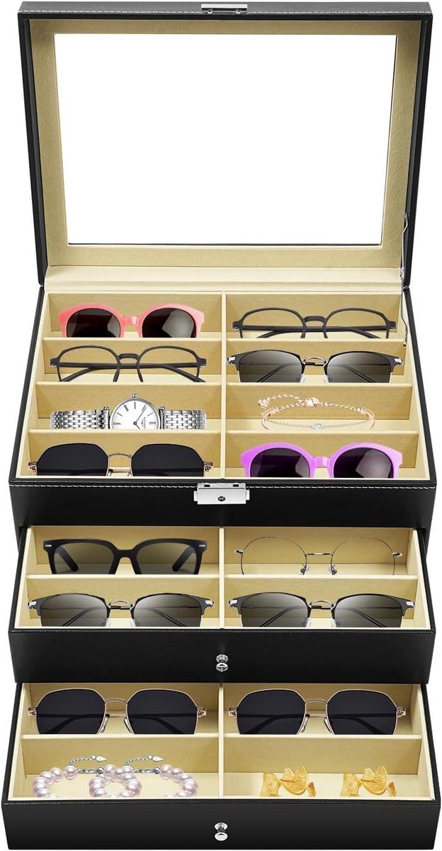 Brillen Opbergkoffer - Brillendoos Zonnebrilhouder - Brillen Organiseren - Grote Capaciteit - 34 x 25 x 19 cm - Zwart