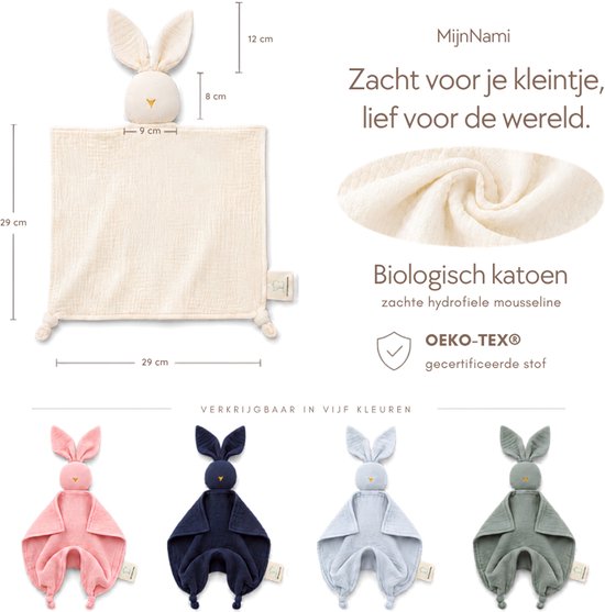 MijnNami Knuffeldoekje Baby Konijn - Hydrofiel Biologisch Katoen - Tutteldoekje - Evening Blue van MijnNami — afbeelding 5