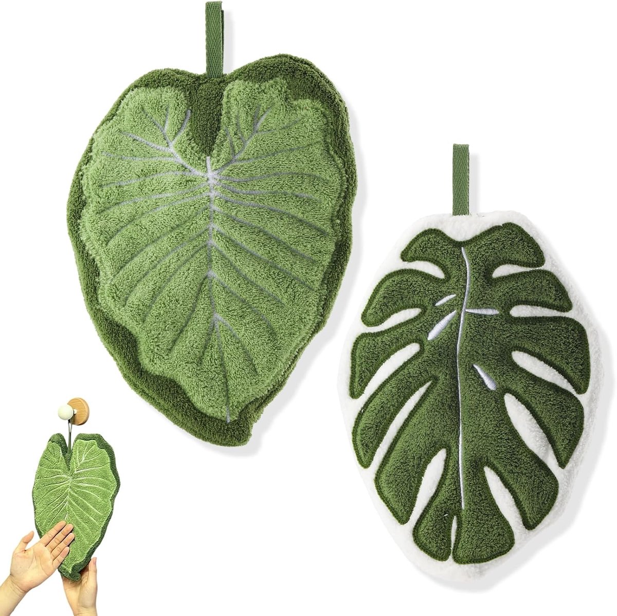 Creatieve Blad Handdoeken - Absorberende Keukenhanddoeken - 19x25 cm en 18x25 cm - Groen en Wit - 2 stuks