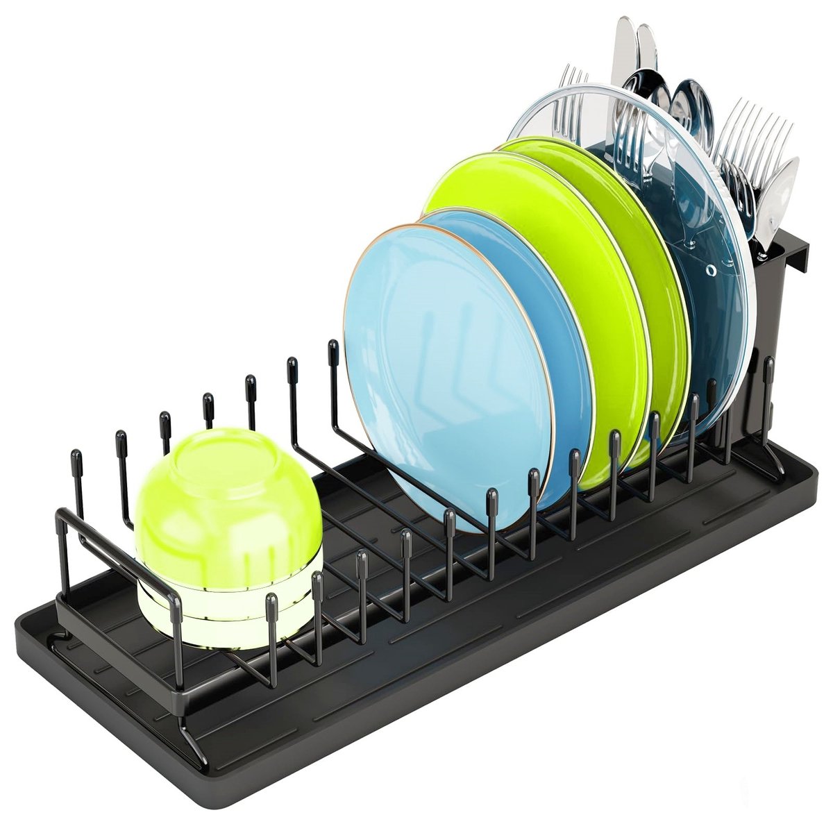 Afdruiprek voor Servies - Met Siliconen Droogmat en Bestekhouder - 41,8x16,8x15,5 cm - Ruimtebesparend voor Keuken en Camper - Zwart