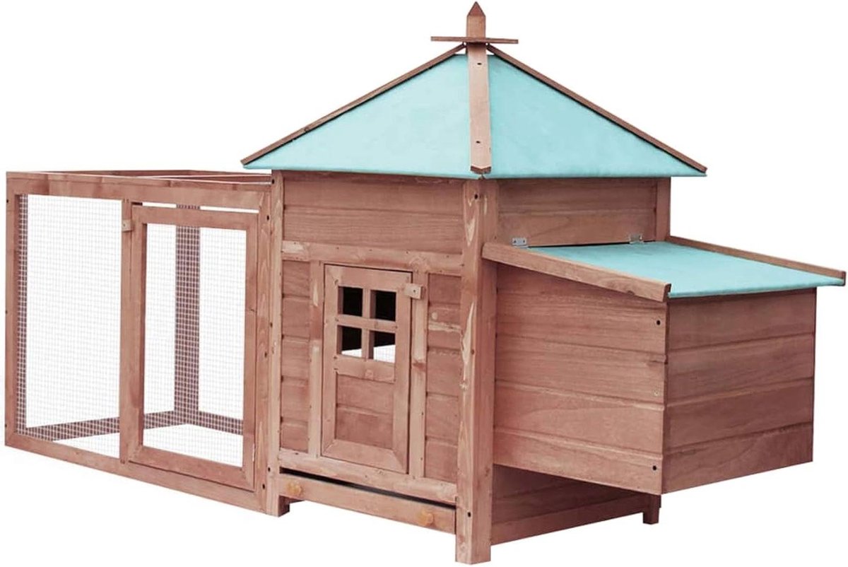 Houten Kippenhok - Dierenverblijf Hok - Kippen Houden - Met Nestkast - 193 x 68 x 104 cm - Grijs/Naturel/Rood