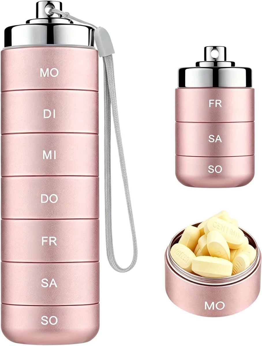 Draagbare pillendoos voor 7 dagen, waterdichte dagpillenorganizer met grote vakken voor vitamines en supplementen, ideaal voor onderweg en op reis (roze)