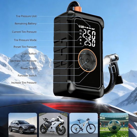 Draagbare Bandenpomp - Fietspomp Auto - Banden Oppompen - Automatische Uitschakeling - 3000 mAh - Zwart — afbeelding 3