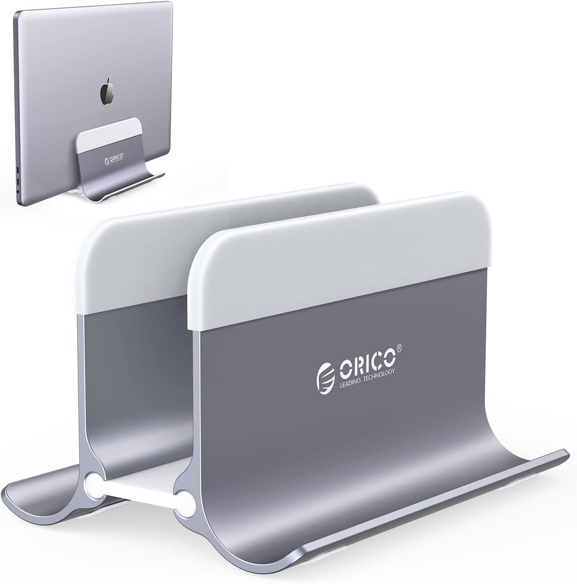 Verstelbare verticale laptopstandaard van aluminium, ruimtebesparend ontwerp voor MacBook, Surface, Dell en gaming laptops, grijs