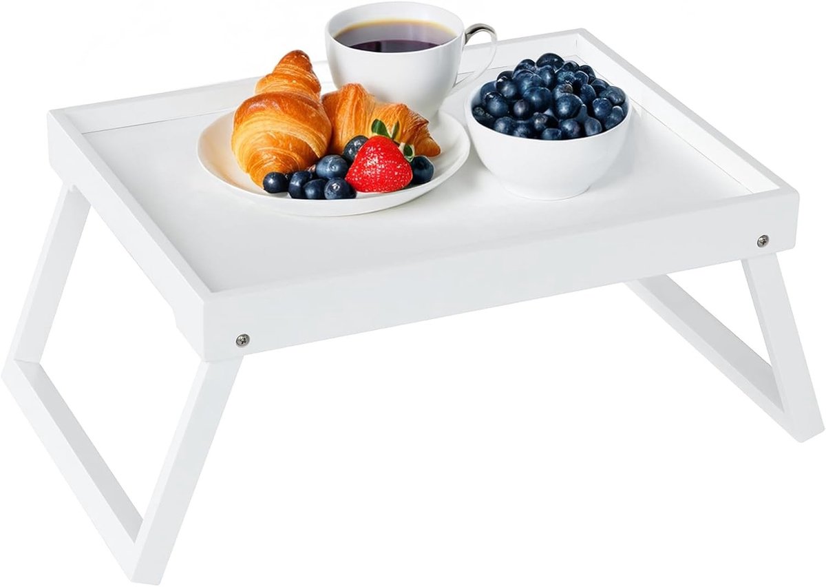 Bedtafeltje voor op bed - Wit - 40 x 28 x 20,5 cm - Bamboe met MDF - Multifunctioneel Ontbijtblad en Laptoptafel