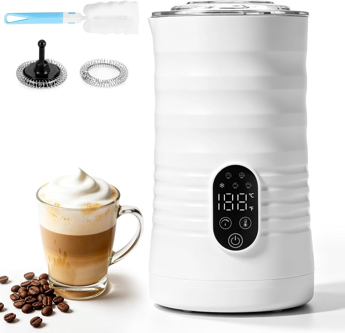 Elektrische Melkopschuimer - Wit - 110 x 104 x 195 mm - 5-in-1 Automatische Melkopschuimer voor Koffiespecialiteiten