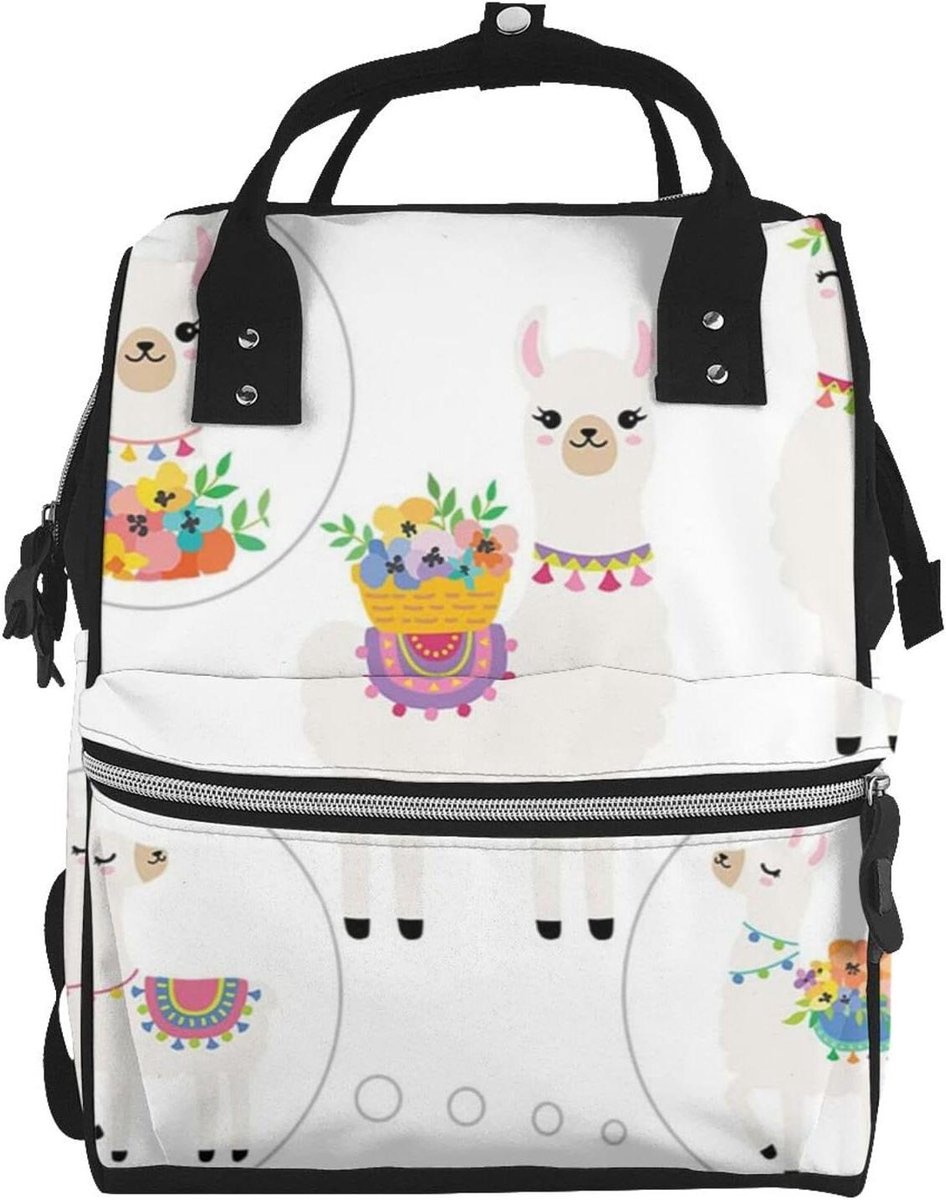 Luiertas Rugzak - Mommie Tas - Babyverzorging Onderweg - Lama Bedrukking - 28 x 18 x 40 cm - Zwart