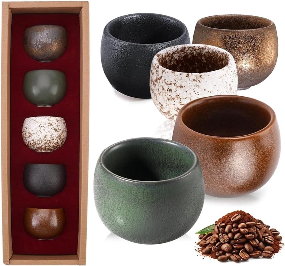 Set van 5 Aardewerk Espressokopjes, Keramische Koffiekopjes zonder Handvat, Ideaal voor Mokka en Thee, Perfect Cadeau voor Koffieliefhebbers