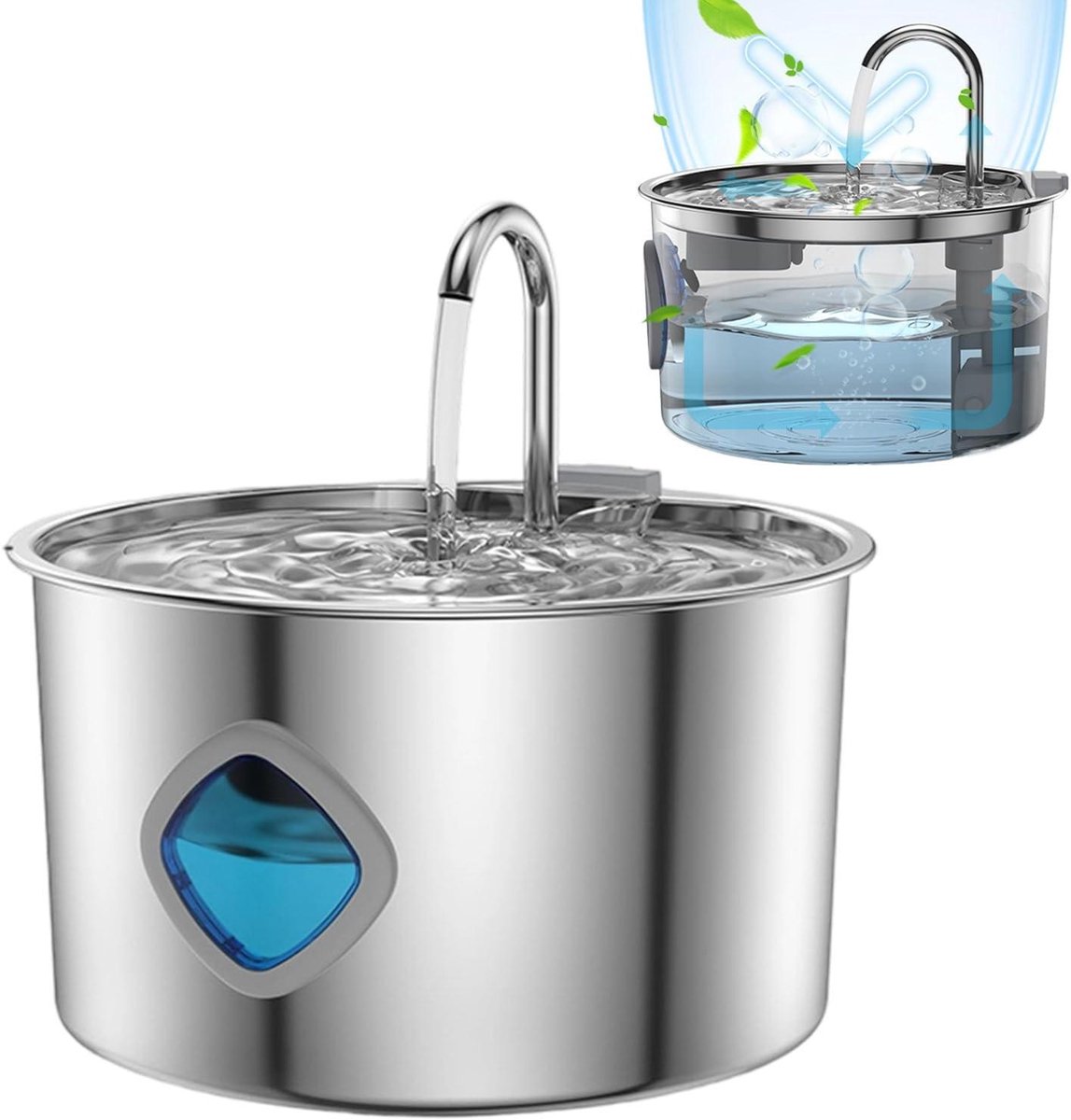 Huisdier Drinkfontein - Automatische waterbak - Gezonde hydratatie - Roestvrijstalen kom - 3.2L capaciteit - Zilver