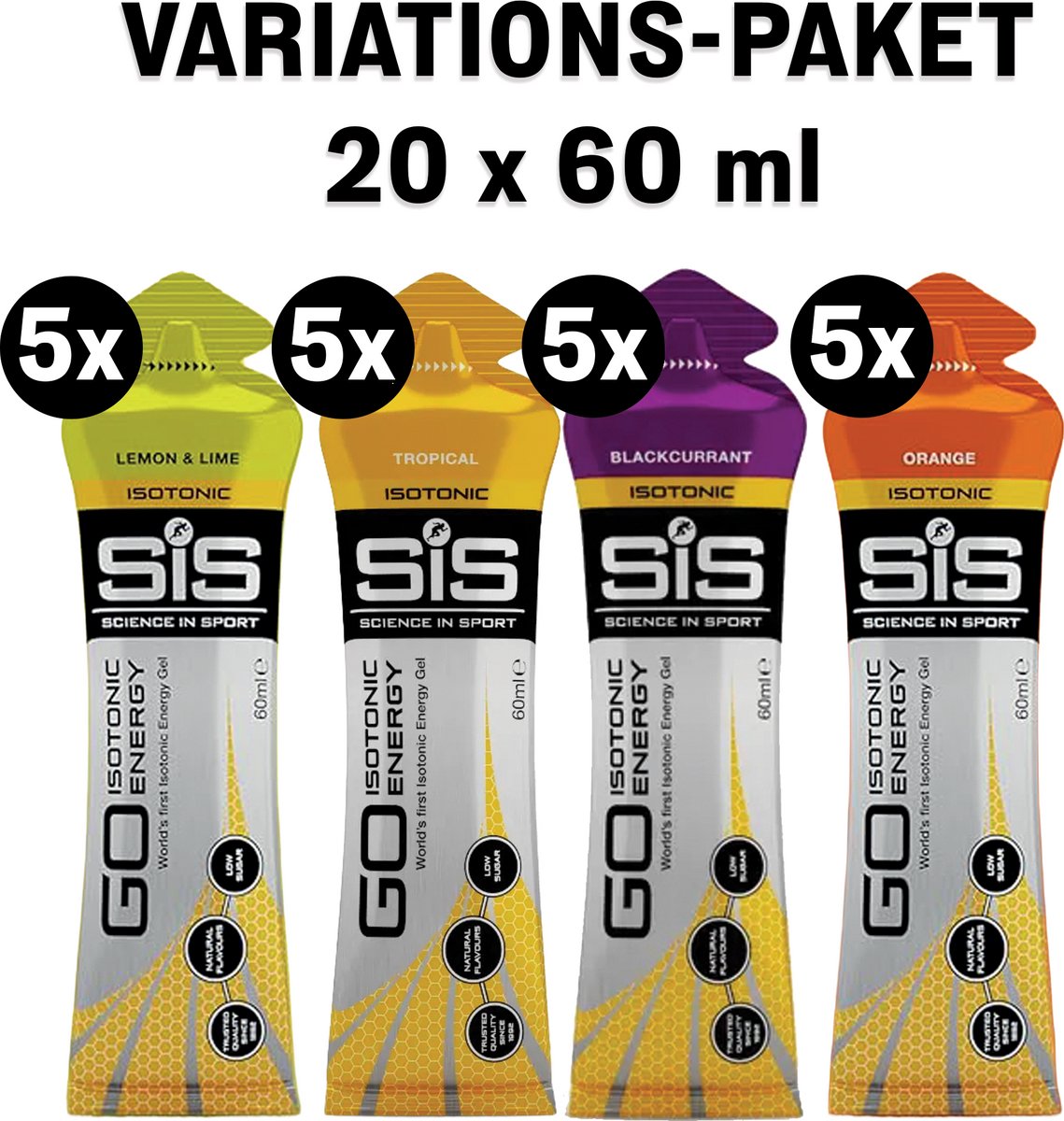 Science in Sport - SiS Go Isotonic Energiegel - 20x60 ml - Variatie pack bundel - Lemon & lime, Tropical, Orange & Blackcurrant