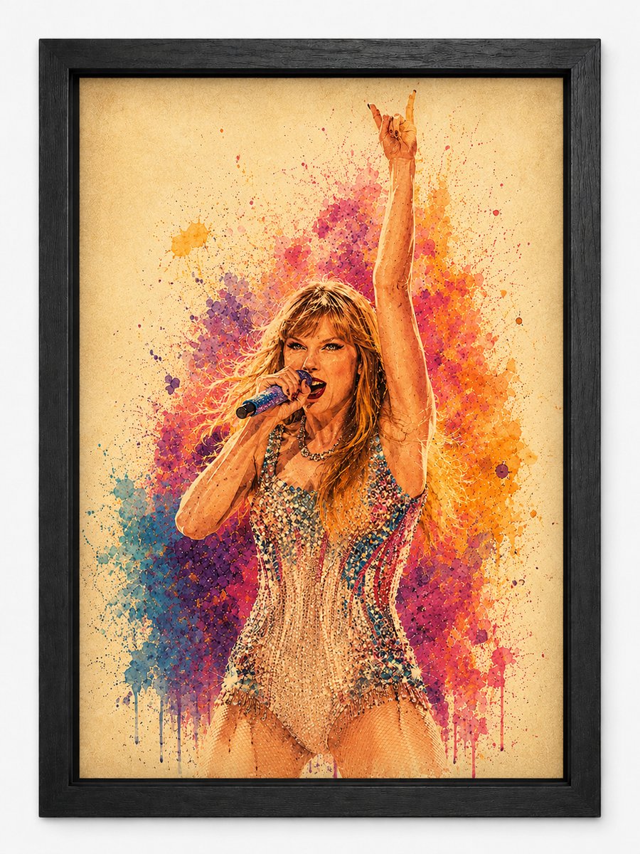 Taylor Swift Poster | Watercolor Art Print | Concert Illustratie | Inclusief Zwarte A4 Lijst