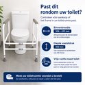 Vrijstaand toiletframe, wit met grijze armleuningen, rondom een toilet, met afmetingen.