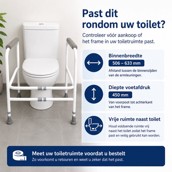 Vrijstaand toiletframe, wit met grijze armleuningen, rondom een toilet, met afmetingen.
