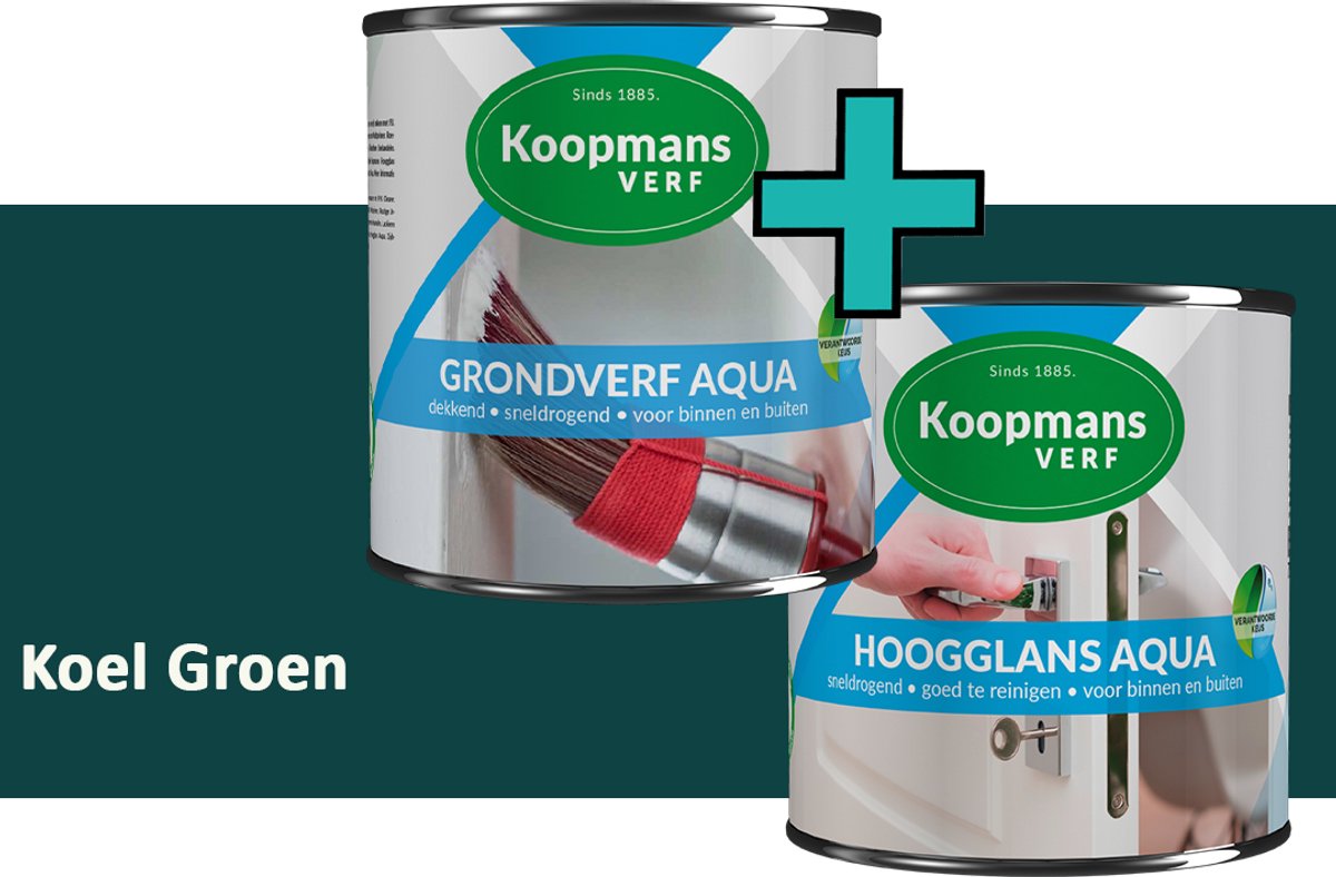 Koopmans Grondverf Aqua en Hoogglans Aqua Verfset - Binnen en Buiten - Koel Groen - 2x 1,5 l