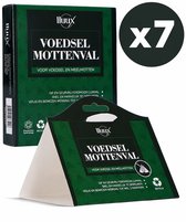 Verpakking en uitgeklapte groene "VOEDSEL MOTtenVAL" met "x7" in een cirkel.