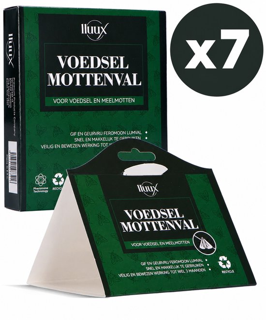 Verpakking en uitgeklapte groene "VOEDSEL MOTtenVAL" met "x7" in een cirkel.
