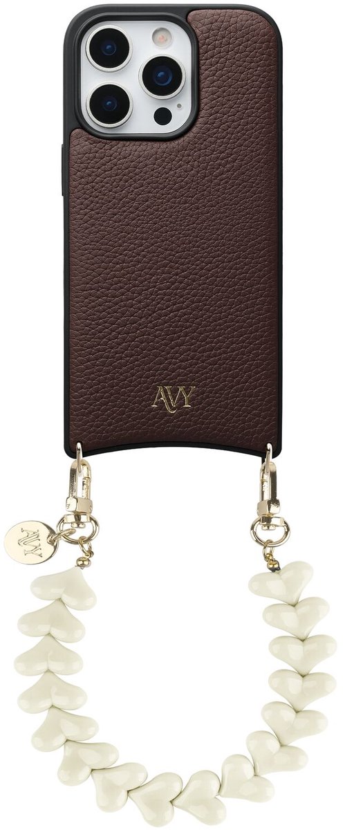 AVY Leren Hoesje geschikt voor Apple iPhone 16 Pro Max | Compatibel met MagSafe | Leather Back Cover met Telefoonkoord 30CM | Polsband | Bruin | Cupid Beige