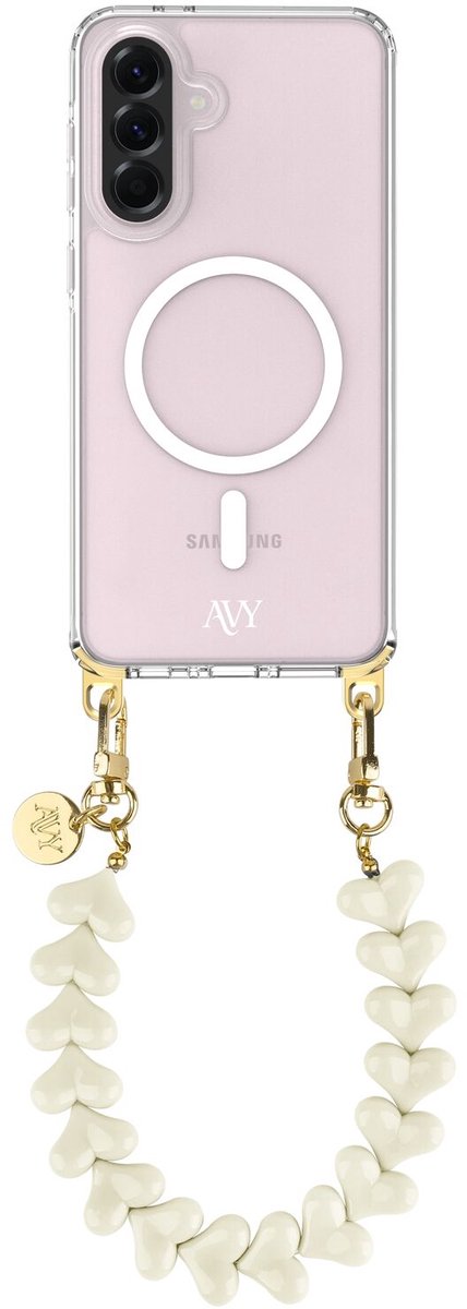 AVY Hoesje geschikt voor Samsung Galaxy A56 / A36 | Compatibel met MagSafe | Clear Case met Telefoonkoord 30CM | Polsband Cupid Beige