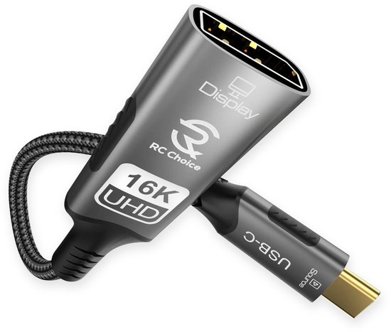 Grijze USB-C naar DisplayPort kabel met gouden connector, 16K UHD-logo en gevlochten mantel.
