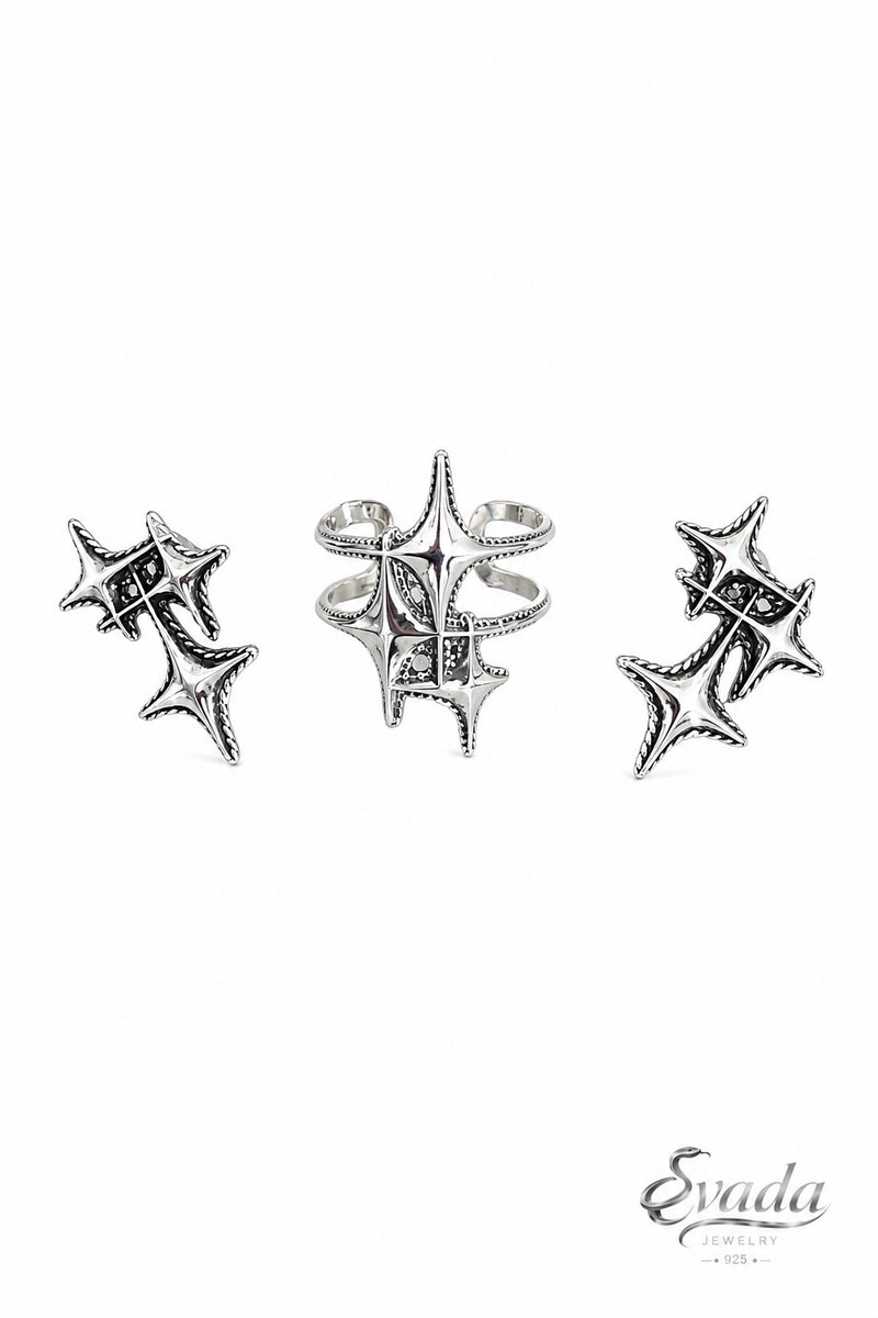 925 sterling zilver, zilveren sieradenset, verstelbare ring, zilveren oorstekers, sterren oorbellen, dames sieraden, zilveren ring, cadeau voor haar, Evada Jewelry.