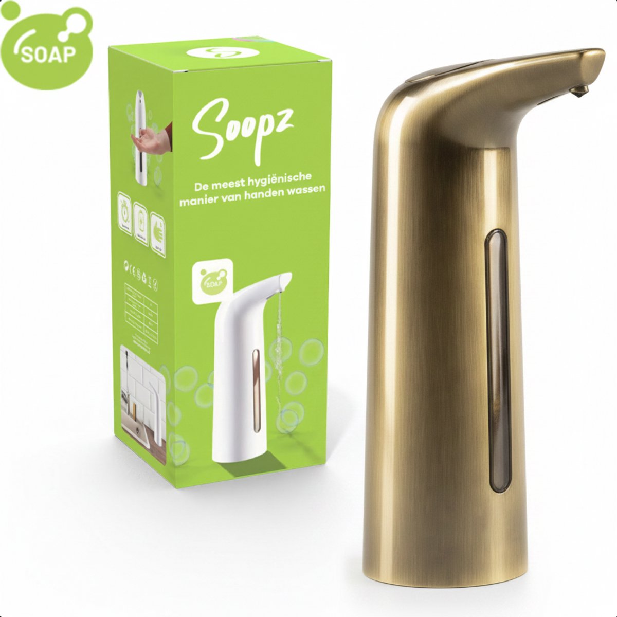 Soopz Automatische Zeepdispenser – Goud – Gold Brushed Elegance – Zeeppompje met Bewegingssensor – Handzeep