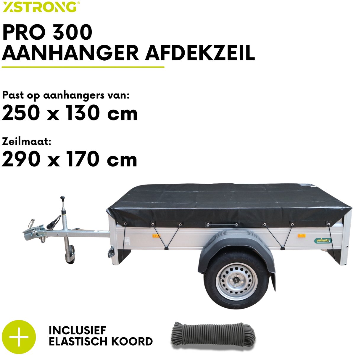 Xstrong Pro 300 – Afdekzeil aanhanger 250×130 cm – gelamineerd, niet-geweven – met elastisch koord