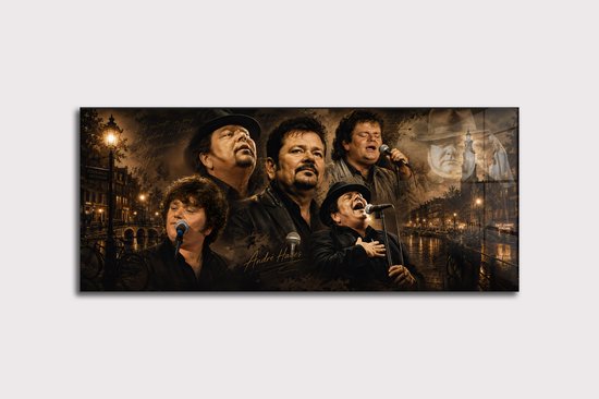 Collage van Andre Hazes met zangmicrofoons en een Amsterdamse gracht op de achtergrond.