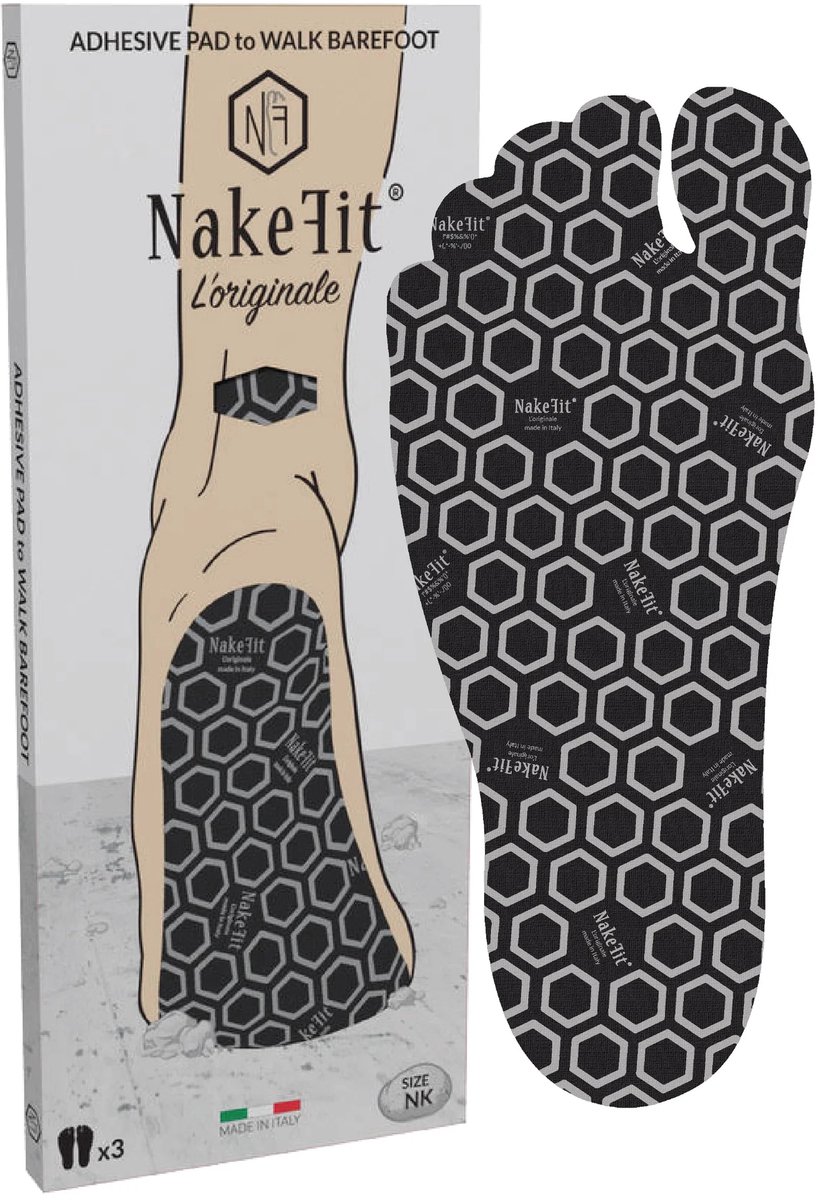 NakeFit L’ORIGINALE Hypoallergene Zelfklevende Voetzolen 3 Paar Herenmaat 43-44 NK9 Barefoot Looppads voor Strand Zwembad en Buitenactiviteiten Zwart