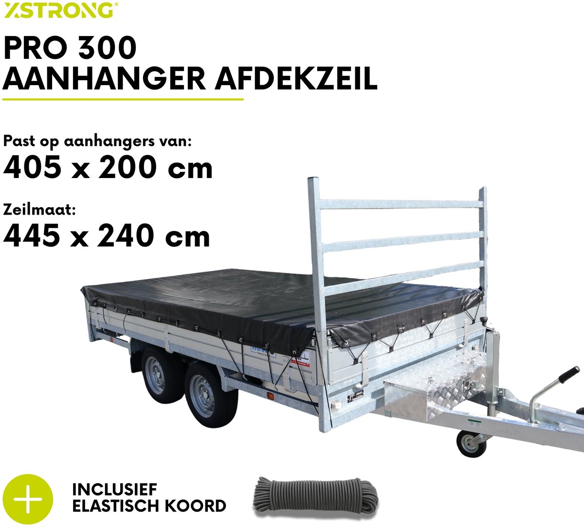 Xstrong Pro 300 – Afdekzeil aanhanger 405x200 cm – gelamineerd, niet-geweven – met elastisch koord