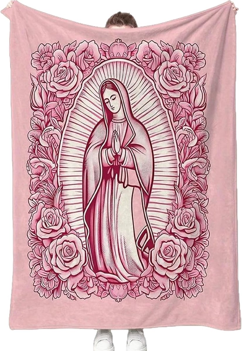 Fleecedeken Maagd Maria - Gebedsdeken Christelijk - Woonkamer Decoratie - Zacht Flanellen Stof - 150 x 200 cm - Roze
