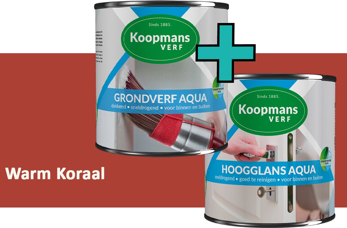 Koopmans Grondverf Aqua en Hoogglans Aqua Verfset - Binnen en Buiten - Warm Koraal - 2x 2,5 l