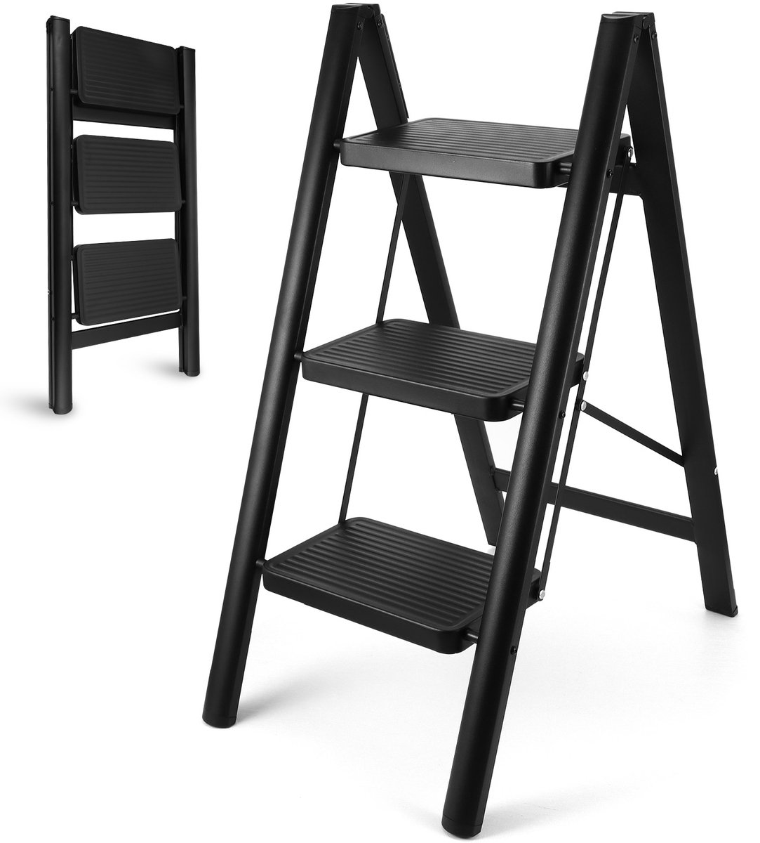 Lemlit Huishoudtrap 3 Treden 39 x 59 x 76 cm - Opvouwbare Stalen Trapladder tot 150 kg - Opstap voor Huis Kantoor en Keuken - Zwart