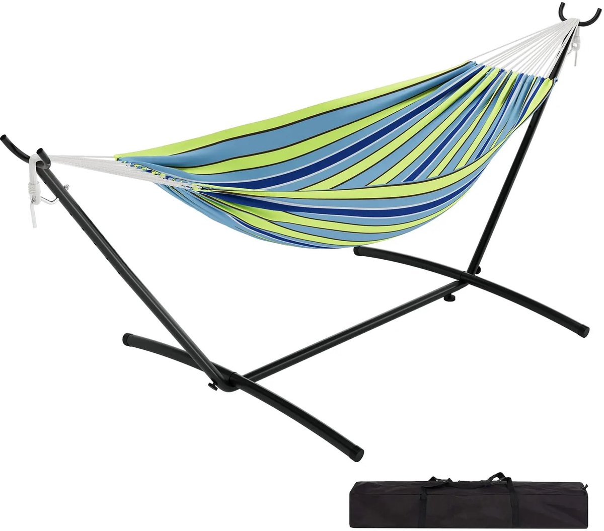 Stervia Hangmat - Hangmat Met Standaard - Tot 200 Kg Belastbaarheid - Inclusief Draagtas - Zwart/Groen/Blauw - 273 x 150 x 100 cm