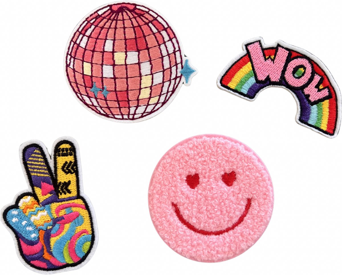 Discobal Regenboog Meiden Peace Smiley Strijk Embleem 4 stuks - Opstrijkbare geborduurde patches - Kleding Patchs - Versiering Voor Kleding - Iron On - Doe-het-zelf-accessoires - Naai op geborduurde applicatie