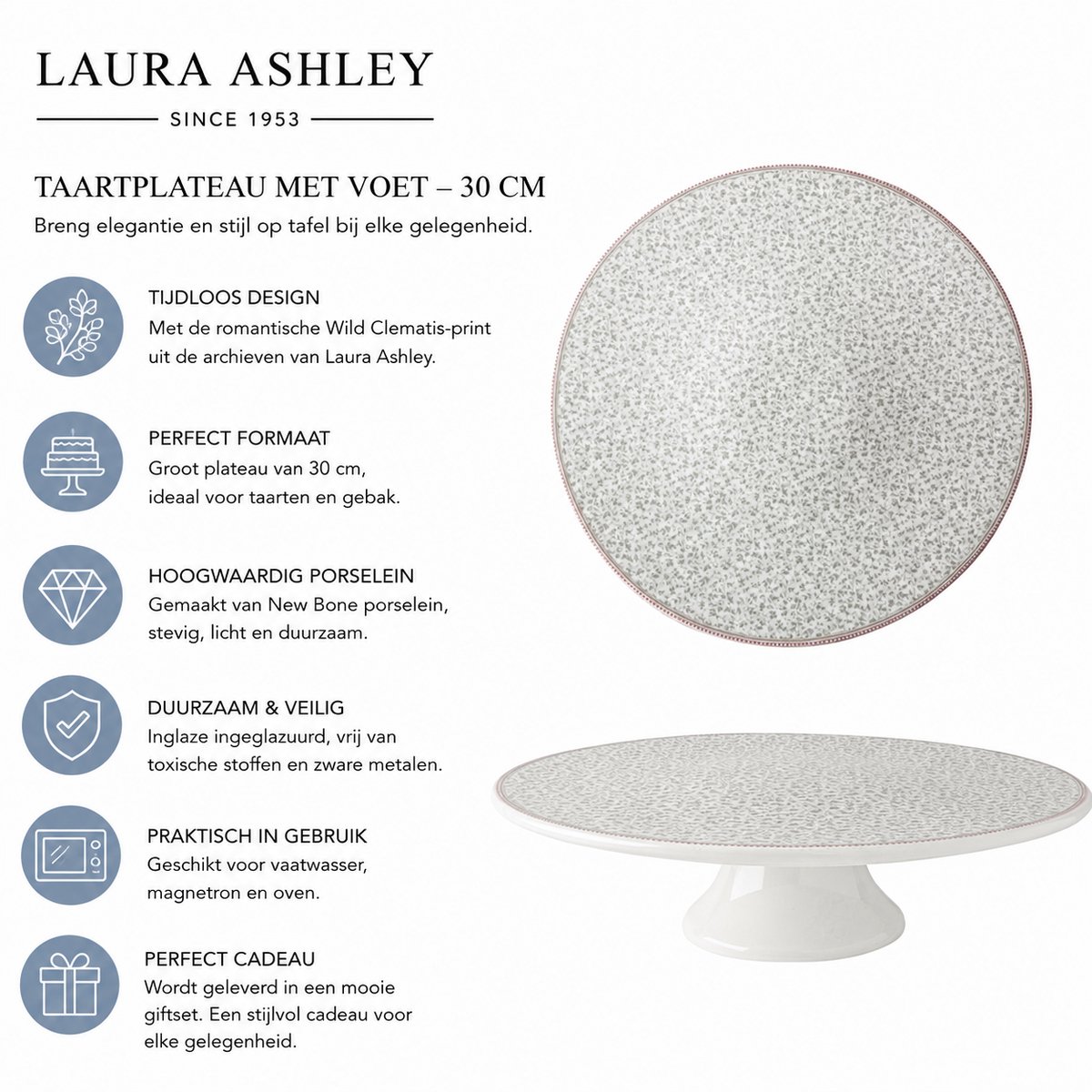 Laura Ashley Taartplateau met voet - taartonderlegger - 30 cm - Giftset