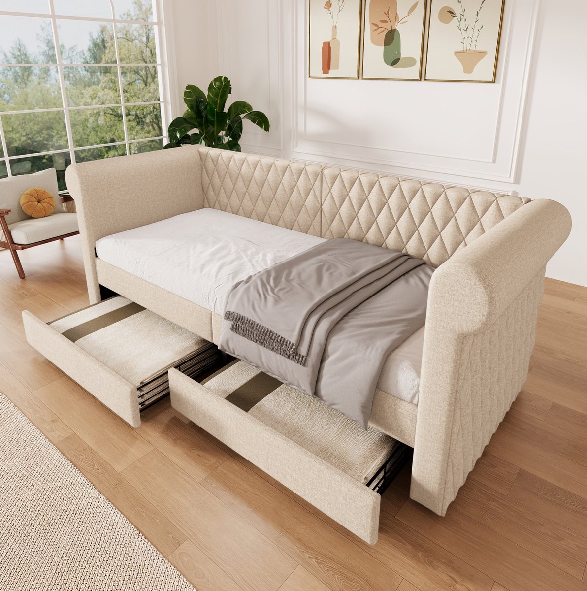 COVREO Slaapbank 90x200 cm beige stof met 2 lades zonder matras