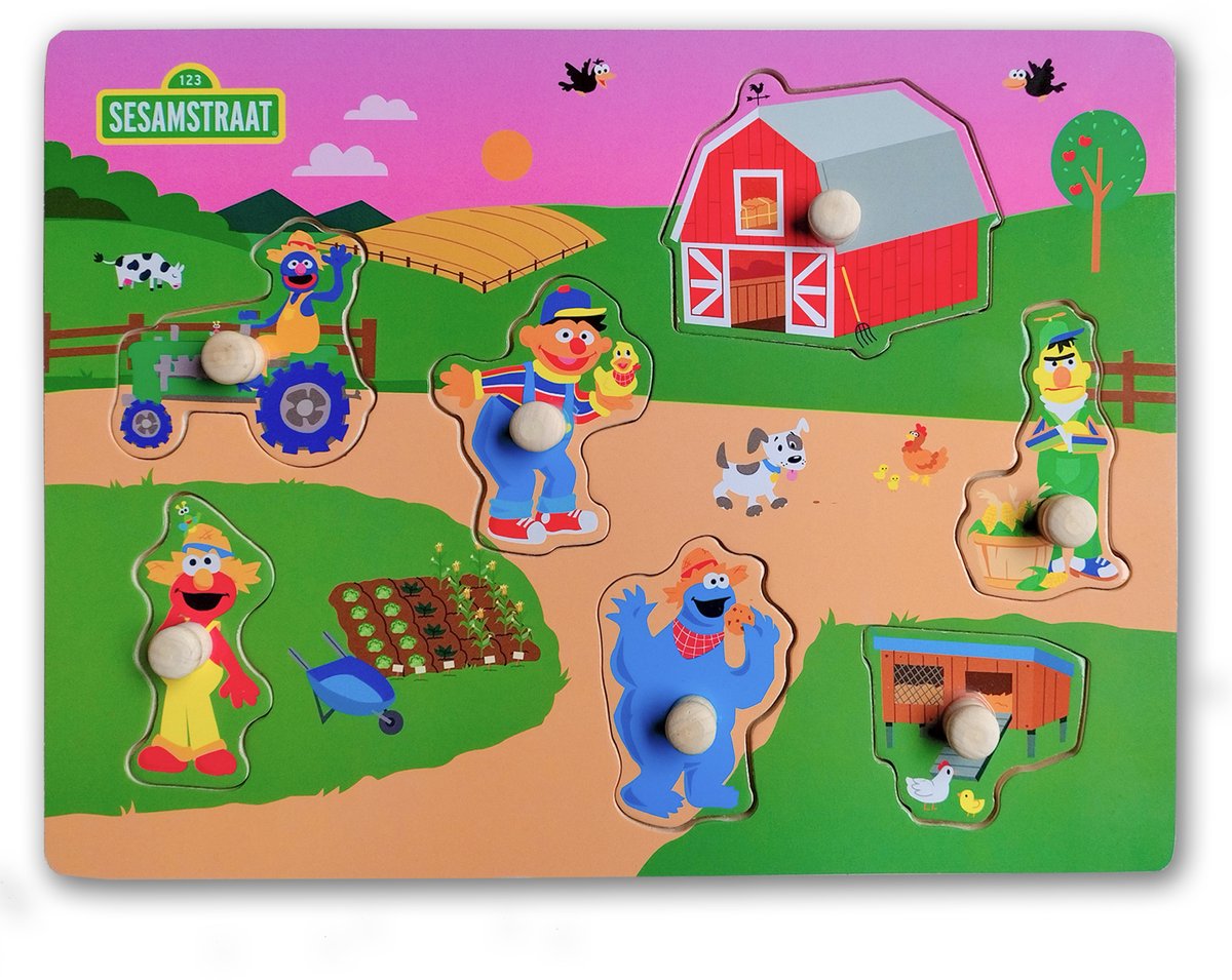Sesamstraat - Houten Legpuzzel 7 Stukjes – Boerderij - Kinderpuzzel voor Peuters en Kleuters – Educatief Speelgoed – Vanaf 1 Jaar