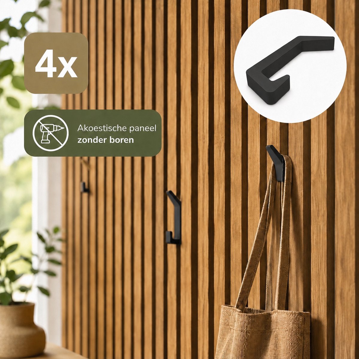 Premium Wandhaak Voor Akoestische Wandpanelen - Set 4 Stuks - Geschikt Voor Tussenruimte 13-15 Mm - Lattenwand Haak - Design Kapstokhaak Voor Jassen Tassen Handdoeken En Accessoires - Zwart