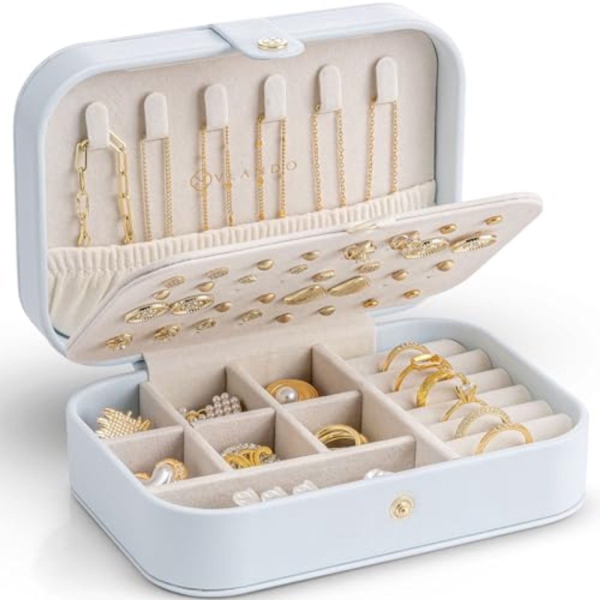 ModernStore Sieradendoosje voor op reis - Sieradenkistje voor dames - Kleine sieradenorganizer met oorbelplank en haken voor kettingen - Reisetui crèmeblauw