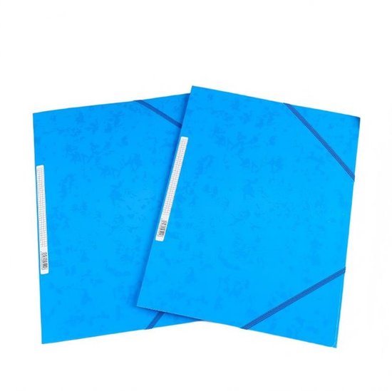 Twee helderblauwe mappen met een elastische sluiting en een smalle witte insteekstrook aan de zijkant.