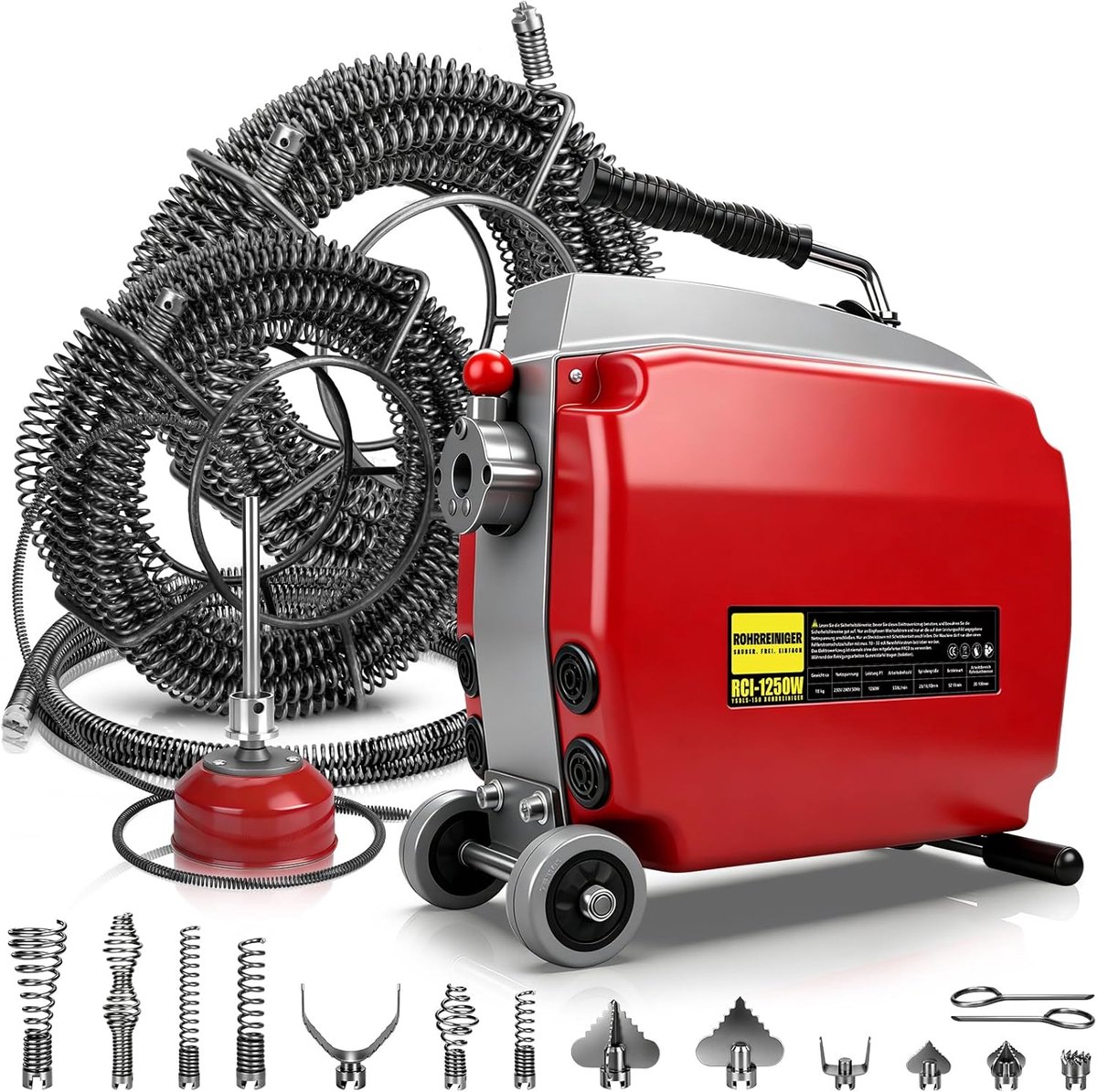 Elektrische Buisreiniger - Afvoerreiniger Spiraal - Verstoppingen Verwijderen - Krachtige 1250W Motor - Tot 200mm Diameter - Rood