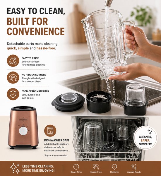 Swiss Haus® BL2115 Blender - 500W Smoothie Maker - 1.5L Glazen Kan & Grinder - RVS Messen - 2 Snelheden + Pulse - Vaatwasbestendig - Veiligheidsmicro-schakelaar - Koper van Swiss Haus — afbeelding 3