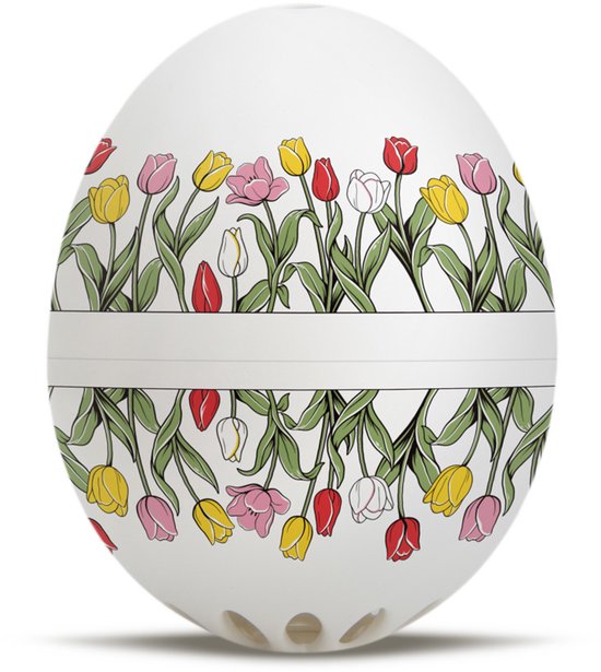Witte eierwekker met rondom een tulpenprint van rode, roze, witte en gele tulpen.