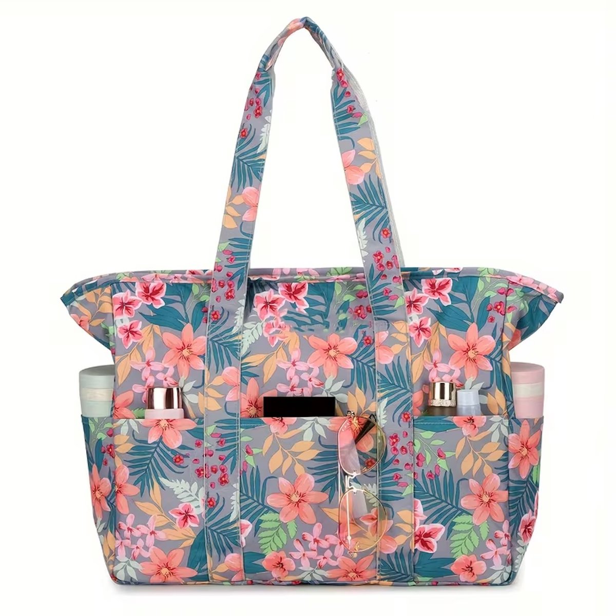 Twenty Two Grote strandtas met ritssluiting voor dames | met veel vakken | extra grote tas voor sporten, strand, zwembad, sauna, vakantie, big shopper | waterdicht | veel kleuren bloemen print
